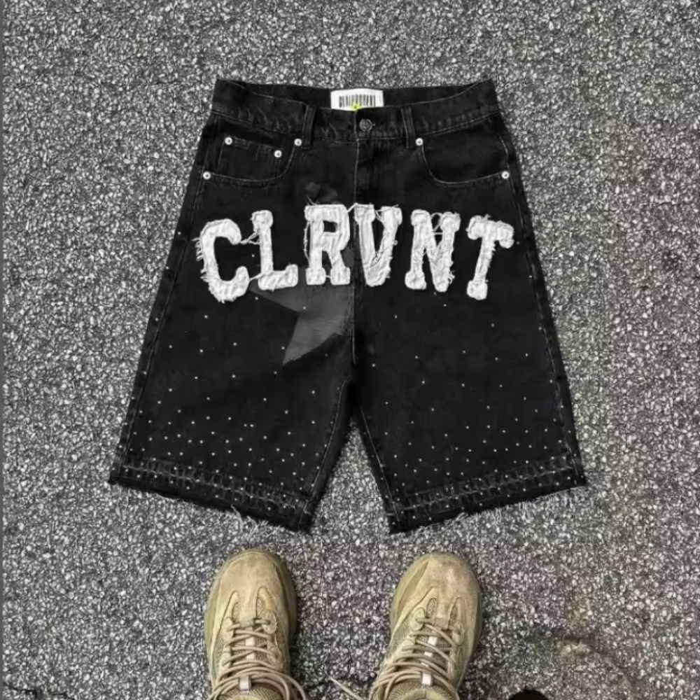 Black Jean Shorts with Bold White Text